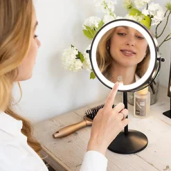 Miroir De Maquillage Lumineux LED Rechargeable Noir, Grossissement 1-10x