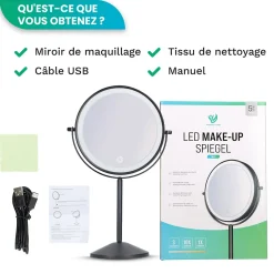 Miroir De Maquillage Lumineux LED Rechargeable Noir, Grossissement 1-10x