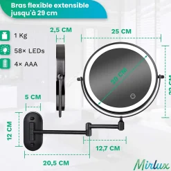 Miroir De Maquillage Lumineux LED Rechargeable Noir, Grossissement 1-5x