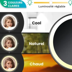 Miroir De Maquillage Lumineux LED Rechargeable Noir, Grossissement 1-5x