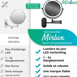 Miroir De Maquillage Lumineux LED Rechargeable Noir, Grossissement 1-5x