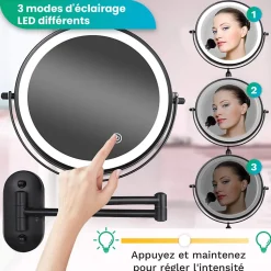 Miroir De Maquillage Lumineux LED Rechargeable Noir, Grossissement 1-5x