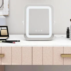 Miroir de Maquillage Rectangulaire 3 Couleurs et Luminosités réglables avec Support en Métal Contrôle Tactile