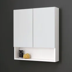 Miroir De Rangement Blanc À Deux Portes Avec Compartiment Inférieur Ouvert