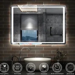 Miroir de salle de bain à LED, dimmable et mémoire, 100x70cm miroir lumineux anti-buée, AICA SANITAIRE