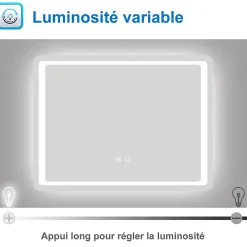 Miroir de salle de bain à LED, dimmable et mémoire, 100x70cm miroir lumineux anti-buée, AICA SANITAIRE