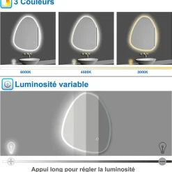 Miroir de salle de bain asymétrique 100x80cm led Teardrop Mirror 3 Colours Dimmable + Anti-buée + Mémoire, AICA SANITAIRE