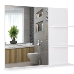 Miroir de salle de bain avec étagères - 2 étagères latérales + grande étagère inférieure - kit installation fourni - MDF blanc