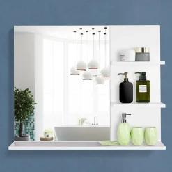 Miroir de salle de bain avec étagères - 2 étagères latérales + grande étagère inférieure - kit installation fourni - MDF blanc