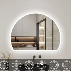 Miroir de salle de bain asymétrique 80x60cm led Demi-cercle Mirror 3 Colours Dimmable + Anti-buée + Mémoire, AICA SANITAIRE