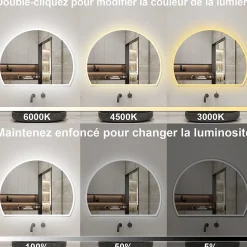 Miroir de salle de bain asymétrique 80x60cm led Demi-cercle Mirror 3 Colours Dimmable + Anti-buée + Mémoire, AICA SANITAIRE