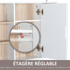 Miroir de salle de bain avec placard 2 étagères 6 niches latérales blanc effet chêne clair