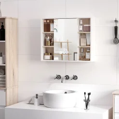 Miroir de salle de bain avec placard 2 étagères 6 niches latérales blanc effet chêne clair