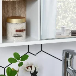Miroir de salle de bain avec placard 2 étagères 6 niches latérales blanc effet chêne clair