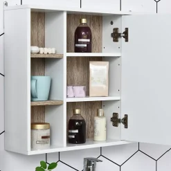 Miroir de salle de bain avec placard 2 étagères 6 niches latérales blanc effet chêne clair