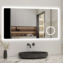 Miroir de salle de bain anti-buée avec horloge, blanc froid chaud neutre tactile mural miroir 140x80cm, AICA SANITAIRE