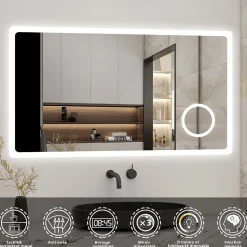 Miroir de salle de bain anti-buée avec horloge, blanc froid chaud neutre tactile mural miroir 140x80cm, AICA SANITAIRE
