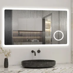 Miroir de salle de bain anti-buée avec horloge, blanc froid chaud neutre tactile mural miroir 140x80cm, AICA SANITAIRE