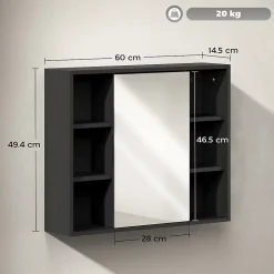 Miroir de salle de bain avec placard 2 étagères 6 niches latérales noir effet chêne clair