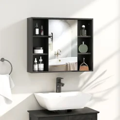 Miroir de salle de bain avec placard 2 étagères 6 niches latérales noir effet chêne clair