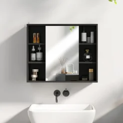 Miroir de salle de bain avec placard 2 étagères 6 niches latérales noir effet chêne clair
