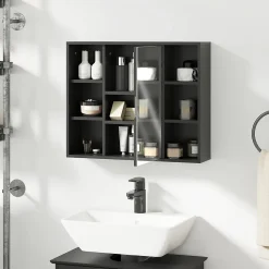 Miroir de salle de bain avec placard 2 étagères 6 niches latérales noir effet chêne clair