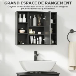 Miroir de salle de bain avec placard 2 étagères 6 niches latérales noir effet chêne clair