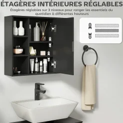 Miroir de salle de bain avec placard 2 étagères 6 niches latérales noir effet chêne clair
