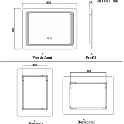 Miroir de salle de bain avec éclairage intégré, L.90 x H.65cm Miroir lumineux anti buée, AICA SANITAIRE