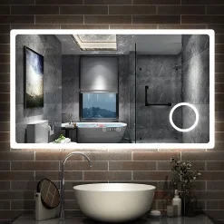 Miroir de salle de bain anti-buée avec horloge, blanc froid chaud neutre tactile mural miroir 120x70cm, AICA SANITAIRE