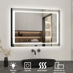 Miroir de salle de bain avec éclairage intégré, L.120 x H.70 cm Miroir lumineux anti buée, AICA SANITAIRE