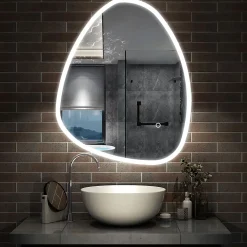 Miroir de salle de bain asymétrique 80x65cm led Teardrop Mirror 3 Colours Dimmable + Anti-buée + Mémoire, AICA SANITAIRE