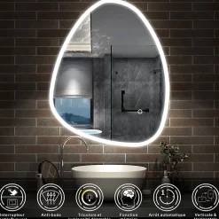 Miroir de salle de bain asymétrique 80x65cm led Teardrop Mirror 3 Colours Dimmable + Anti-buée + Mémoire, AICA SANITAIRE