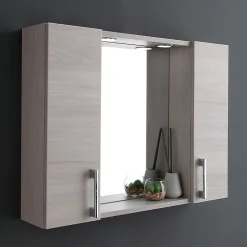 Miroir De Salle De Bain Avec 2 Étagères Latérales En Chêne Gris.