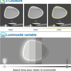 Miroir de salle de bain asymétrique 80x65cm led Teardrop Mirror 3 Colours Dimmable + Anti-buée + Mémoire, AICA SANITAIRE