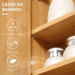 Miroir de salle de bain avec placard 2 portes - 2 étagères - bois de bambou verni