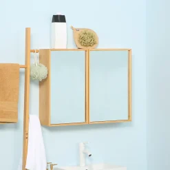 Miroir de salle de bain avec placard 2 portes - 2 étagères - bois de bambou verni