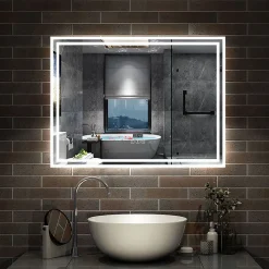 Miroir de salle de bain Bluetooth 100x60 cm, tricolore + horloge + mémoire + dimmable + anti-buée, IP44 Miroir LED, AICA SANITAIRE