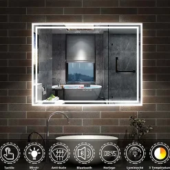 Miroir de salle de bain Bluetooth 100x60 cm, tricolore + horloge + mémoire + dimmable + anti-buée, IP44 Miroir LED, AICA SANITAIRE