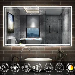 Miroir de salle de bain Bluetooth 160x80 cm, tricolore + horloge + mémoire + dimmable + anti-buée, IP44 Miroir LED, AICA SANITAIRE