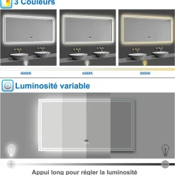 Miroir de salle de bain Bluetooth 160x80 cm, tricolore + horloge + mémoire + dimmable + anti-buée, IP44 Miroir LED, AICA SANITAIRE
