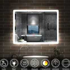 Miroir de salle de bain Bluetooth LED 70x50cm avec tricolore + luminosité réglable + mémoire + anti-buée, IP44, AICA SANITAIRE