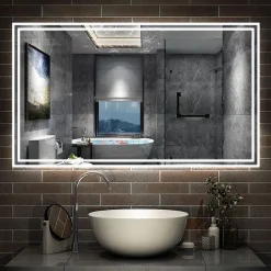 Miroir de salle de bain Bluetooth 120x70 cm, tricolore + horloge + mémoire + dimmable + anti-buée, IP44 Miroir LED, AICA SANITAIRE