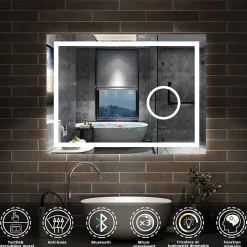 Miroir de salle de bain Bluetooth 80x60 cm, LED tricolore + loupe + mémoire + dimmable + anti-buée, IP44, AICA SANITAIRE
