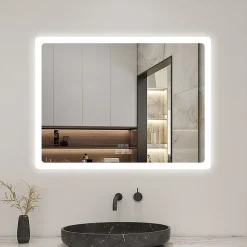 Miroir de salle de bain LED avec bluetooth et horloge, 80x60cm, Tri-color, anti-buée, AICA SANITAIRE