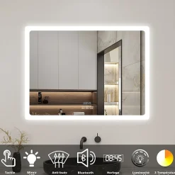 Miroir de salle de bain LED avec bluetooth et horloge, 80x60cm, Tri-color, anti-buée, AICA SANITAIRE