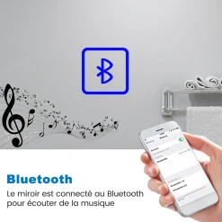 Miroir de salle de bain LED avec bluetooth et horloge, 80x60cm, Tri-color, anti-buée, AICA SANITAIRE