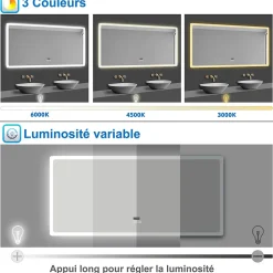 Miroir de salle de bain LED avec bluetooth et horloge, 80x60cm, Tri-color, anti-buée, AICA SANITAIRE