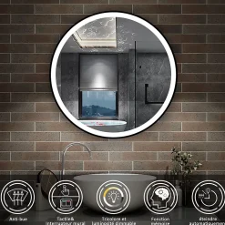 Miroir de salle de bain LED rond 60cm avec cadre noir, tricolore + anti-buée + mémoire + gradation infinie, AICA SANITAIRE