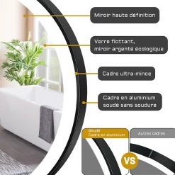 Miroir de salle de bain LED rond 60cm avec cadre noir, tricolore + anti-buée + mémoire + gradation infinie, AICA SANITAIRE